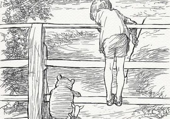 Winnie The Pooh, Roo, And Christopher Robin At A Fence (drawing)